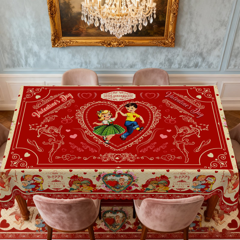Vintage Tablecloth - Red Retro Heart & Romantic Figure Printed Decorative Table Cover for Valentine's Dinner/Party, Kitchen Dining Table, Rectangular Tablecloth, Reusable Fabric Tablecloth - Ideal for Romantic Occasions