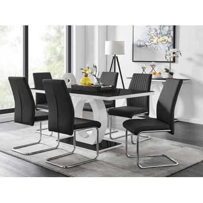 Scottsmoor Modern High Gloss & Glass Dining Table with 6 Luxury Faux Leather Chairs