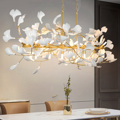 Lustre 21 branches avec lustre en feuille de ginkgo en céramique doré pour salle à manger