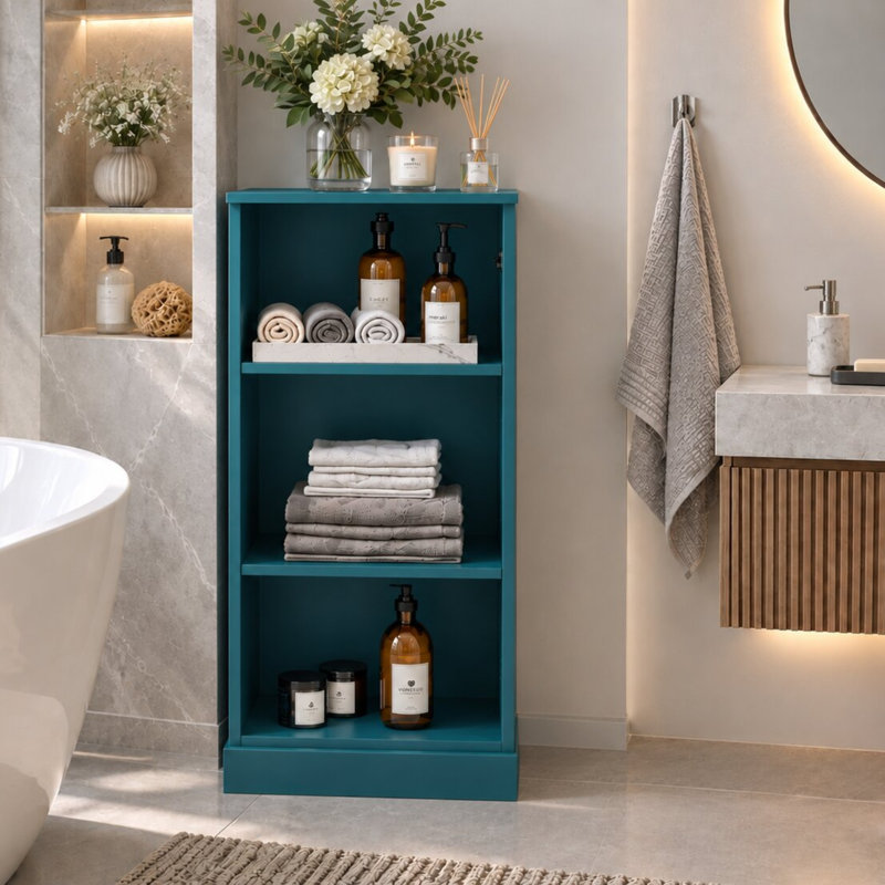 Armoire de salle de bain 100% bois massif avec tablettes réglables, Bleu sarcelle