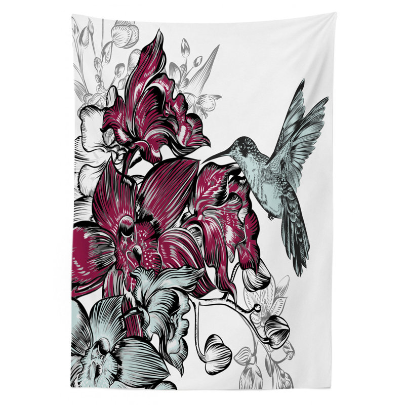 Ambesonne Hummingbird Tablecloth, Orchid Flowers Bouquet And A Hummingbird Nature Wildlife Design Print, Rectangular Table Cover For Dining Room Kitchen Decor, 52" X 70", Burgundy