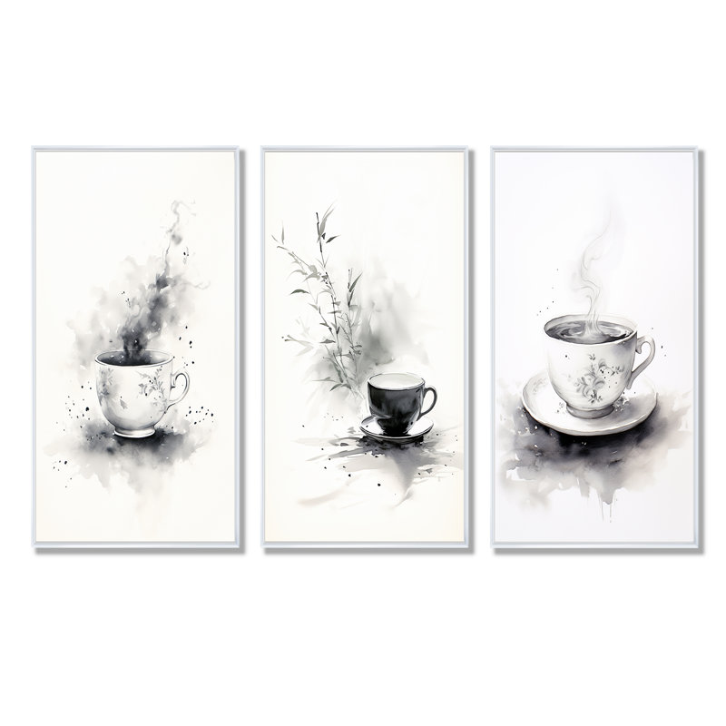 «Chinese Tea Elegance I», ensemble de 3 reproductions d'art sur toile, Cadre flottant blanc, H 32 po x l 48 po
