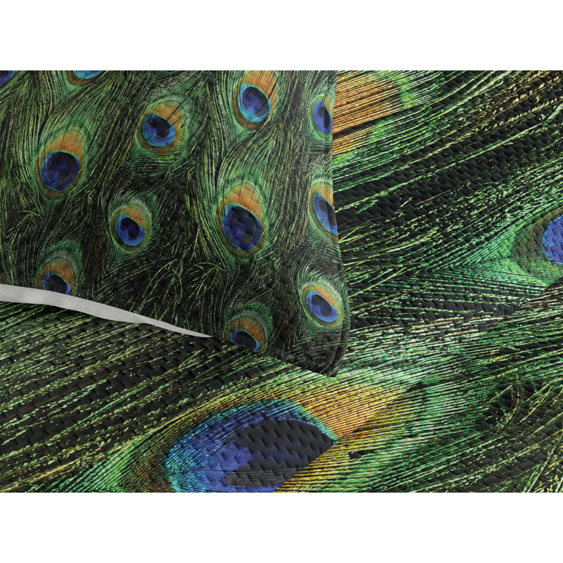 King Size Green Peacock Feather Quilted Bedspread Set