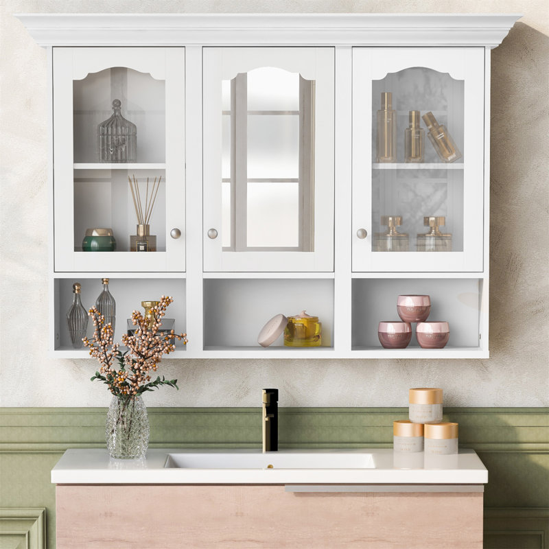 Armoire de salle de bain murale avec miroir, 3 tablettes réglables et 3 compartiments ouverts pour un rangement efficace et une conception moderne