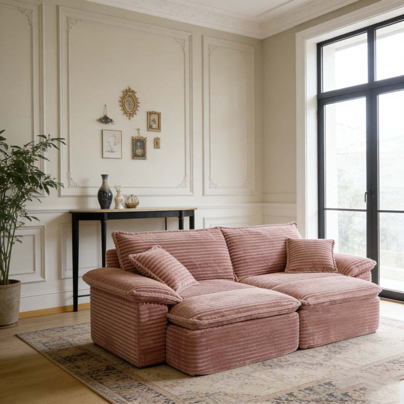 81" Sectional Sofa - Oversized Corduroy Cloud Couch with Movable Ottoman, Pink