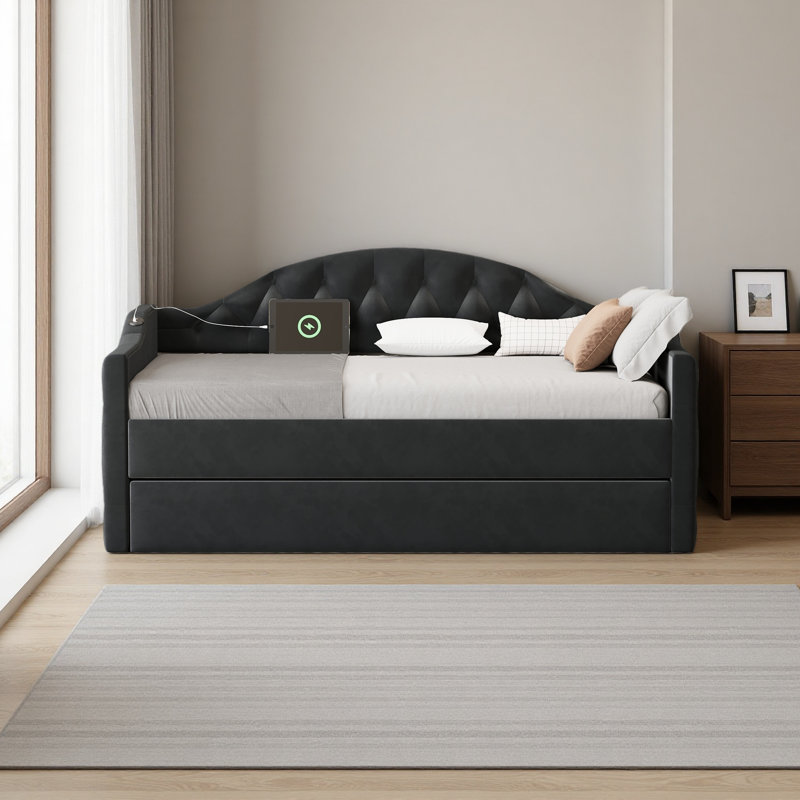 Twin Size Tufted Upholstered Daybed With Trundle, Black