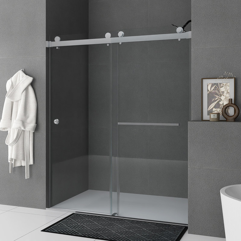 Porte de douche coulissante sans cadre de 55 à 59 po x H 72 po, Argent argent