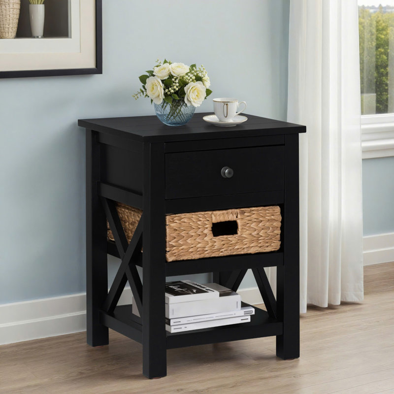 Table de bout en X en bois massif avec tiroir Hoekstra, 2 tablettes de rangement et panier en osier, noir, Noir