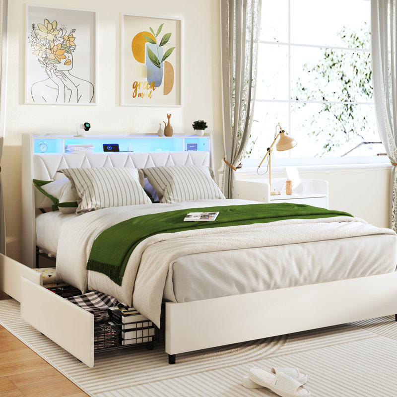 Métal blanc, cadre de lit plateforme, grand lit, revêtement en similicuir, prises encastrées, tête de lit ergonomique avec tablette de rangement, rangement intégré, pas de sommier tapissier requis