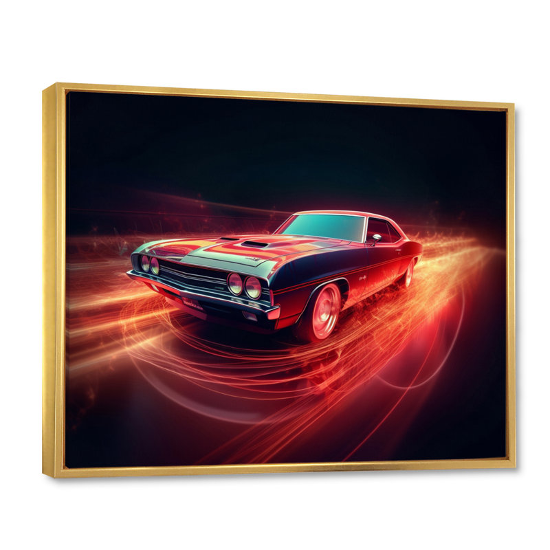 Muscle American Car Neon sur toile, Cadre flottant doré, H 16 po x l 32 po x P 1 po
