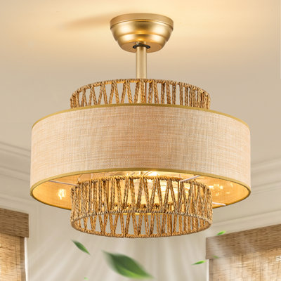Ventilateur de plafond en cage en rotin avec lumière et télécommande Boho