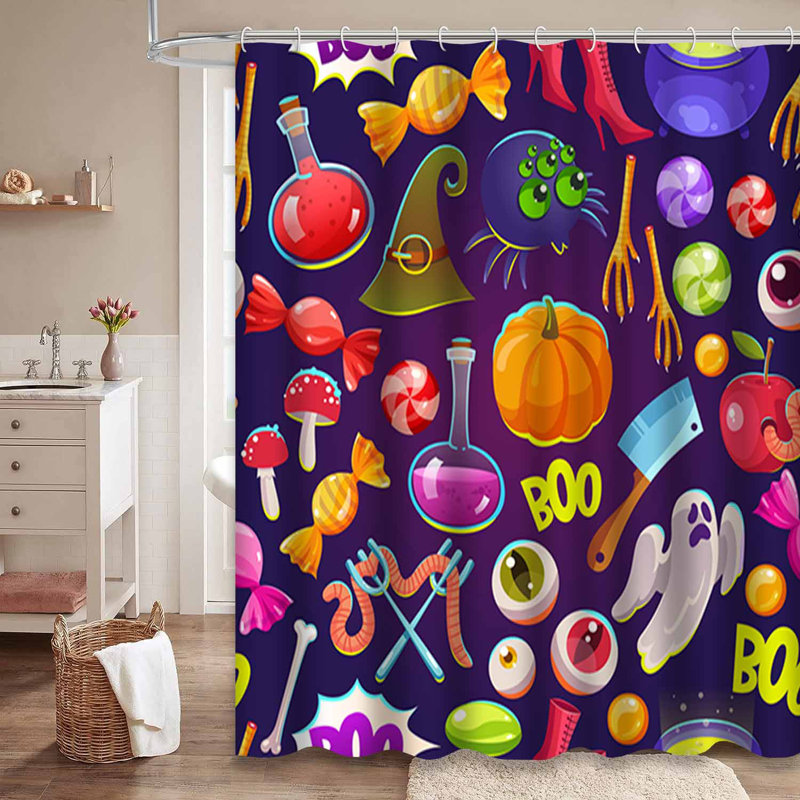 Rideau de douche orange avec 12 crochets Halloween, L 72 po x l 78 po
