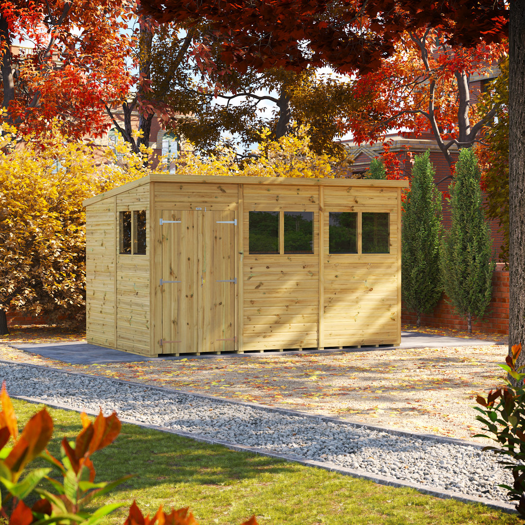 Powersheds 12 x 8ft Premium Pressure Treated Timber Pent Garden Shed, Double Doors