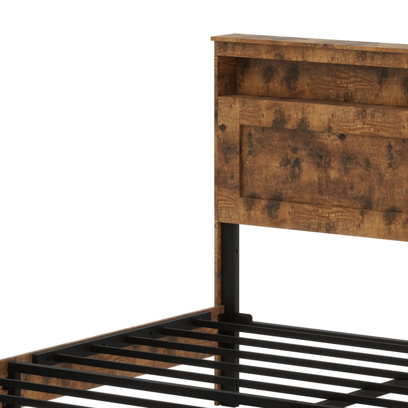 Structure de lit plateforme en bois avec tête de lit à DEL et USB, Très grand lit, Marron foncé