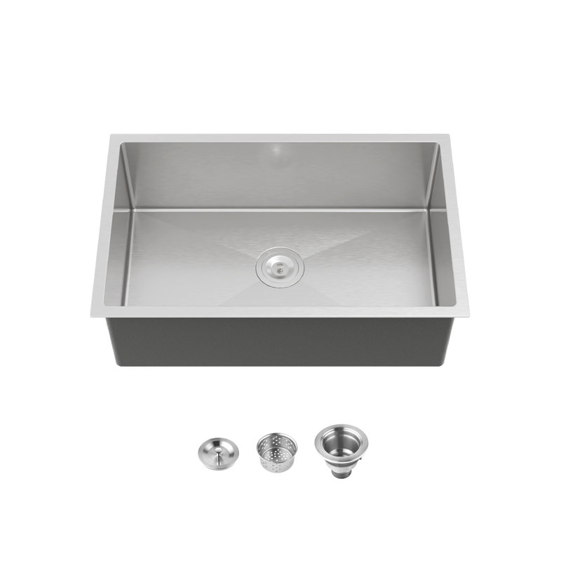 30" L Single Bowl Undermount Stainless Steel Kitchen Sink with Basket Strainer, Brushed Nickle