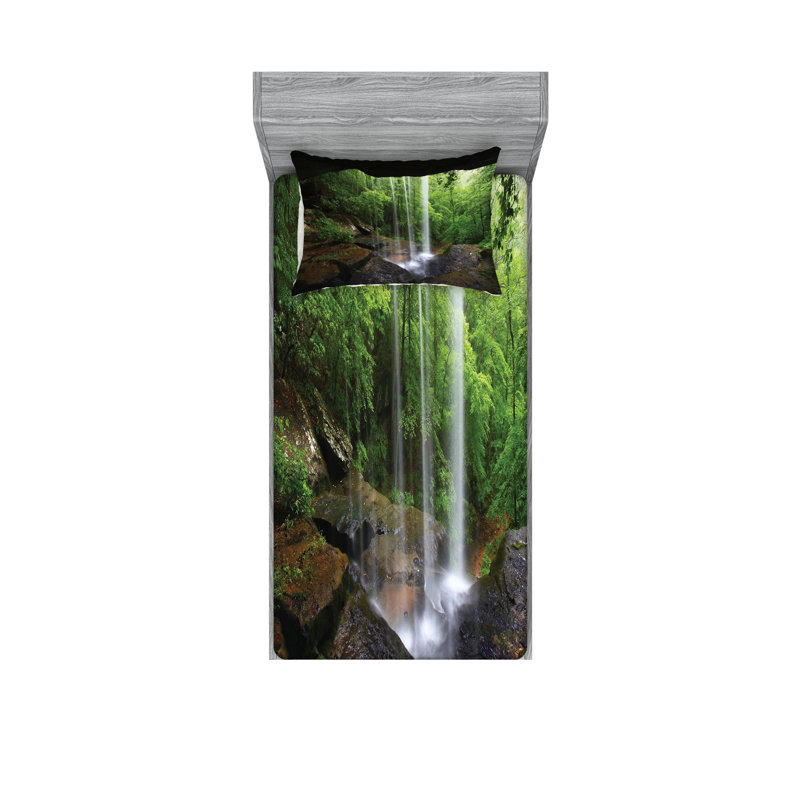 Drap-housse et coussin décoratif Ambesonne Waterfall Green Brown, Ensemble de draps pour lit simple + 3 pièces supp