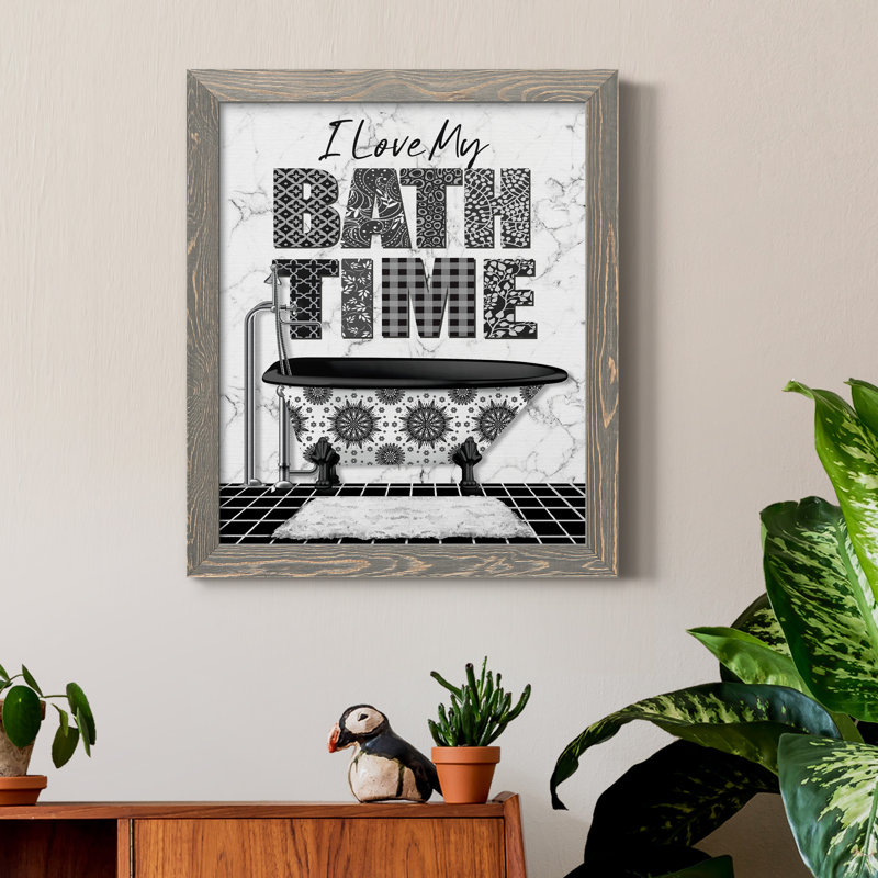 «Bath Time», art textuel sur toile, H 24 po x l 18 po x P 1,5 po, Encadré gris