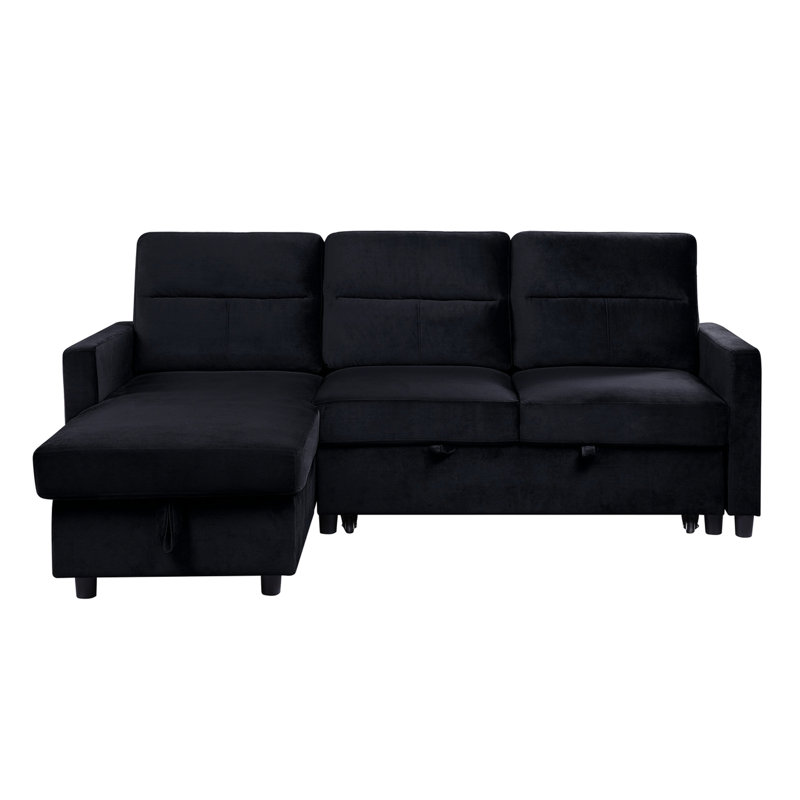 Canapé-lit modulaire en velours noir avec méridienne de rangement et poche latérale pratique réversible