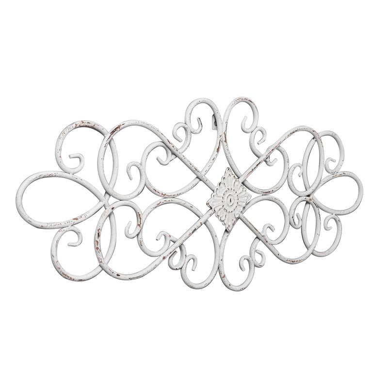 Rustic Wrought Iron White Wall Decor 32" x 13", Hanging Flower Scroll Metal Wall Art Decor, White