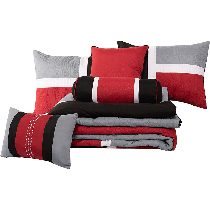 King Size Red Gray Black Microfiber Patchwork Comforter Set
