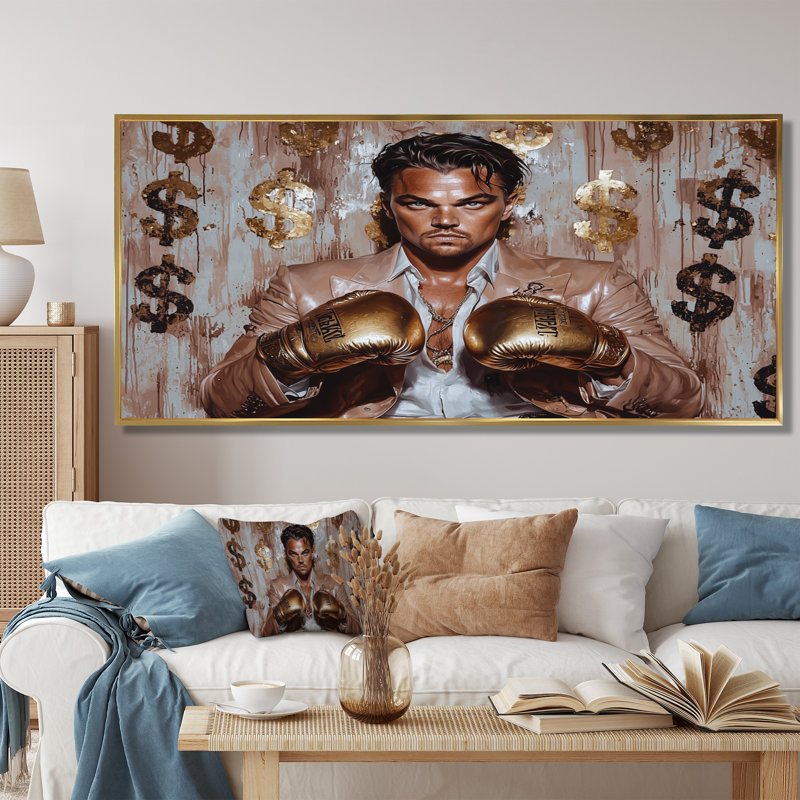 Loup de Wall Street yeux sur le prix Boxer - homme, art mural, Cadre flottant doré, H 28 po x l 60 po