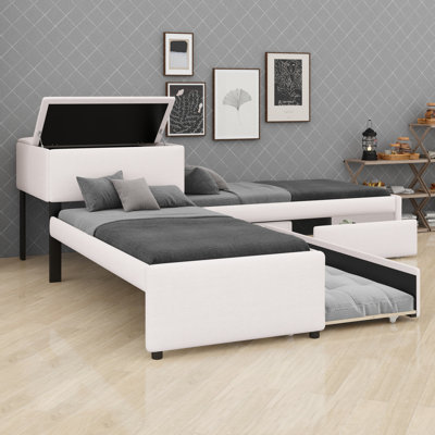 L-Shaped Upholstered Platform Bed with Trundle, Two Drawers and Built-In Desk