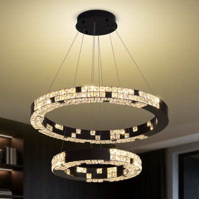 Modern Elegant Black 2 Ring Crystal Chandelier for Dining Room Dimmable 2700k-6000k