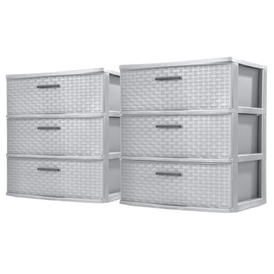 Sterilite 3 Drawer Wide Storage Tower, Plastic Weave Organizer, Cement, 2 Pack