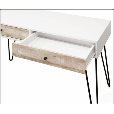 Bureau compact en chêne taupe avec tiroirs spacieux pour la maison et le bureau modernes, parfait pour les petits espaces et les espaces de travail organisés.