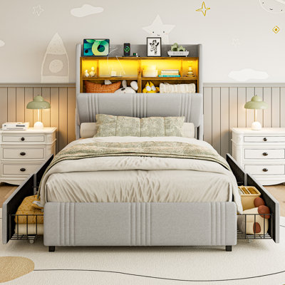 Twin XL Size Bed Frames With Wingback Hidden Storage Headboard & 4 Storage Drawers, 49.2" Tall Upholstered Headboard With Led Lights And Charging Station, No Box Spring Needed, Solid Wood Slats, Noise Free, Light Grey