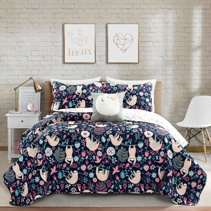 Ensemble de courtepointe réversible en microfibre Hygge Sloth, Bleu marine, Courtepointe pour grand lit + 2 taies décoratives