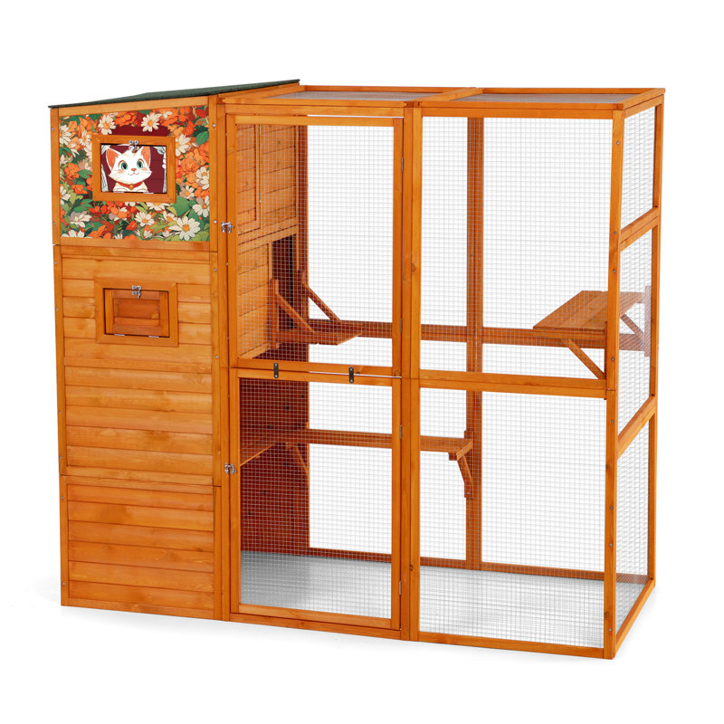 Enceinte d'extérieur pour chat de 70 po de hauteur, 4 designs avec 2 salles de repos et plateformes, toit, motifs colorés oranges, options de placement polyvalentes
