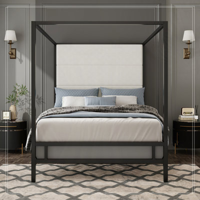 Canopy Bed With Tall Linen Fabric Upholstered Headboard Metal 4-Poster Bed Frame