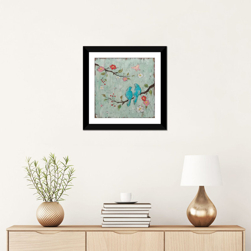 «Love Birds I», reproduction d'art sur toile, H 16 po x l 16 po x P 1 po, Papier d'art encadré noir, Blanc