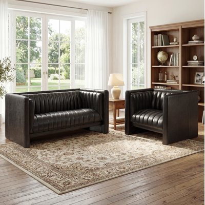 Broderic 2-Piece Retro Modern Full Grain Leather Tufted Sofa Chair Living Room Set