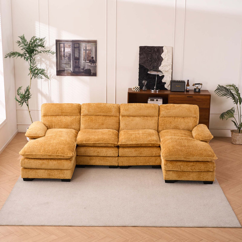 U-Shaped Modular Profile Sofa, Including 2 Single Seats & 2 Chaise, Yellow Polyester