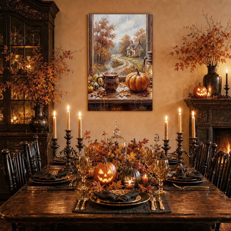 Tasse fumante et citrouille sur le rebord d'une fenêtre pluvieux - Toile murale d'Halloween, 40"H x 28"W