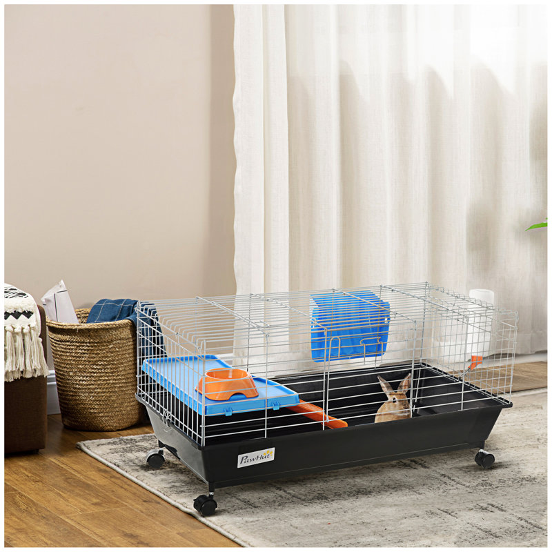Cage pour petits animaux de 35 po, cage à lapins roulante, cage à cochon d'Inde avec plat de nourriture, bouteille d'eau, mangeoire à foin, plateforme, rampe pour furet chinchilla