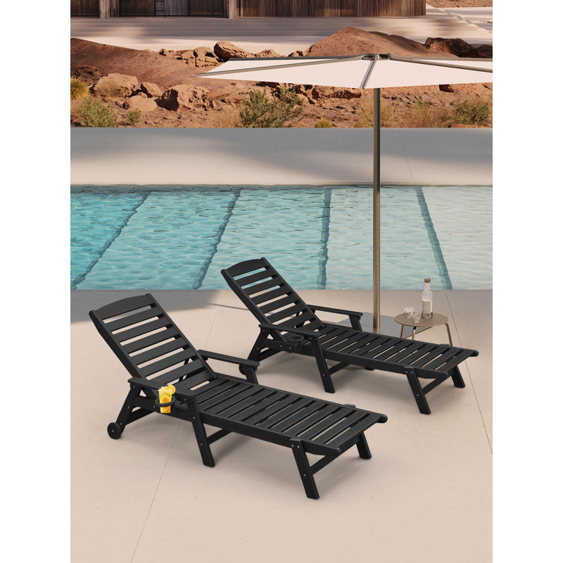 Seehill HDPE Outdoor Chaise Lounge Set Of 2, 6-Position Adjustable Outdoor Lounger With Wheels & Cup Holder, Poly Lounge Chairs, HDPE Patio Lounge Chairs For Deck, Backyard, Poolside