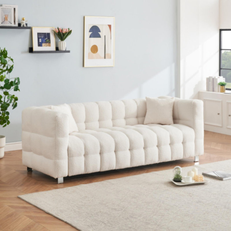 teddy fleece sofa with two throw pillows, Beige