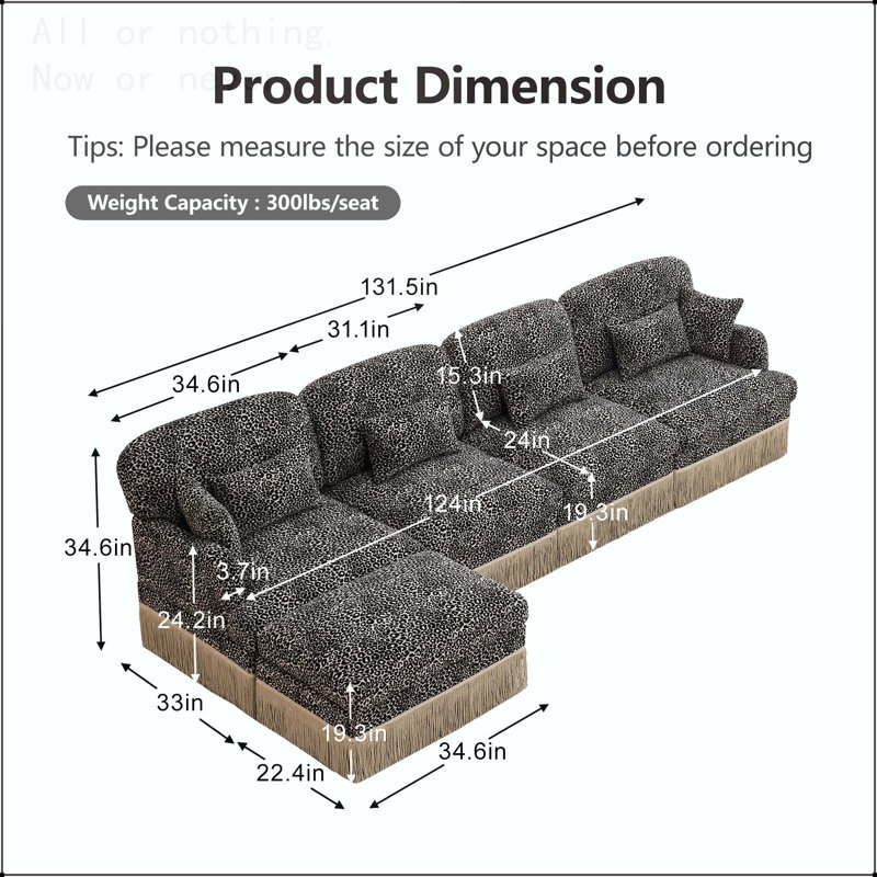 Canapé modulaire en chenille à imprimé léopard, 4 Seat L-Shaped, Chenille kaki