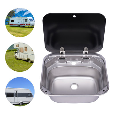 Semi-recessed RV Sink 16.7×14.7in Stainless Steel Kitchen Sink with Tempered Glass Foldable Lid 5.9in Deep Single Bowl Sink Camper Sink for Motorhome Caravan Boat Horsebox