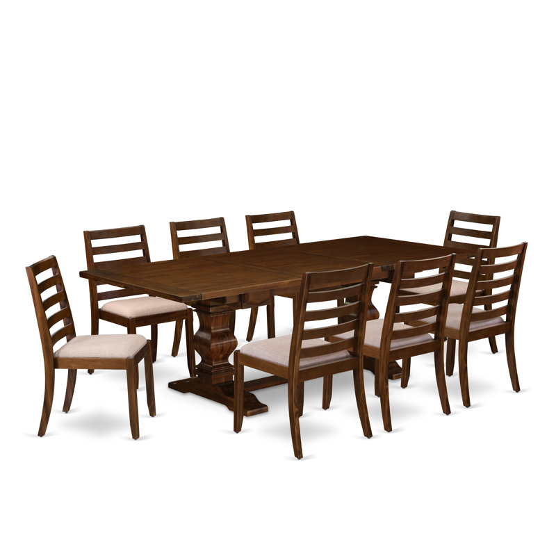 8A30A05D69484D898892E5776C50B55A 9-pc Dining Table set - a Removable leaf Table and 8 Light Tan Fabric stackable Chair, Antique Walnut Finish.