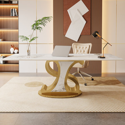 Tribesigns 78.74" Extra Long Computer Desk, Modern Rectangle Executive Desk, Luxury White & Gold Study Workstation with Sintered Stone Tabletop & Stai