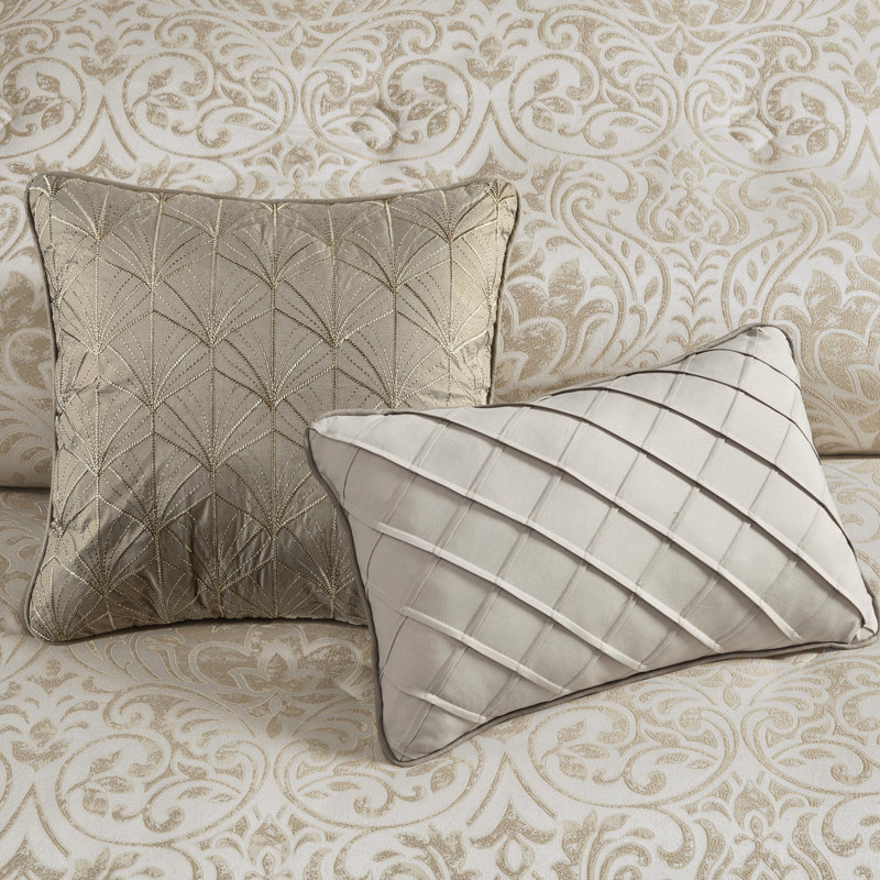 Édredon 12 pièces, grand lit, kaki, or métallique, coussins décoratifs plissés, fil doré
