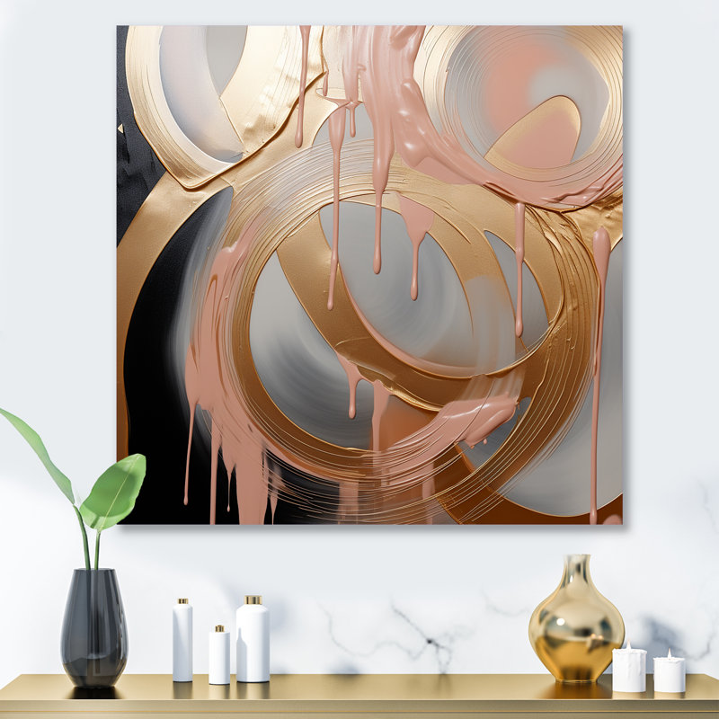 Abstract Gold And Pink Liquid Ink Circles IV - Abstract Shapes Metal Wall Art, 16" H x 16" W