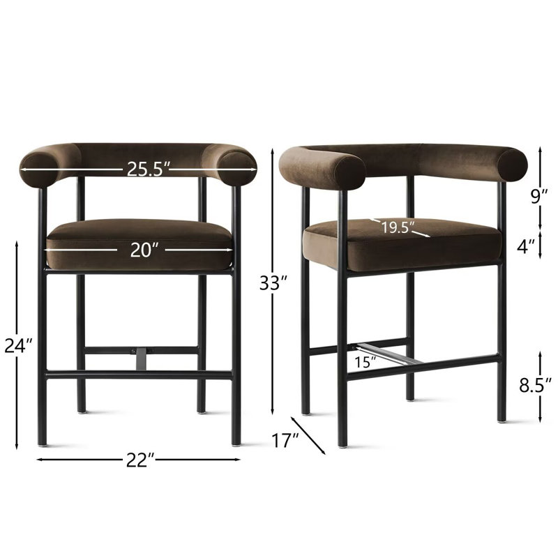 24" Upholstered Velvet Counter Stool, Chocolate Brown