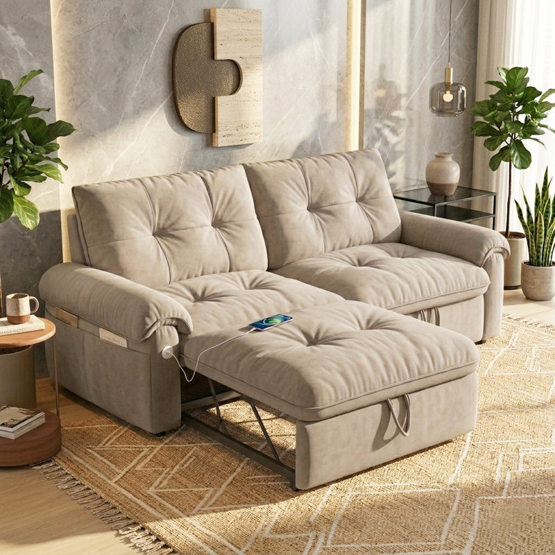 77" Convertible Sleeper Sofa with Pull-Out Bed, USB Ports & Side Pockets, Loveseat Couch for Living, Brown, Brown
