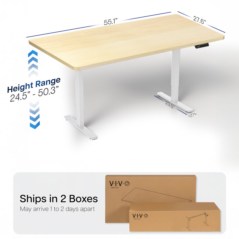 VIVO Electric 55" x 28" Stand Up Desk, Light Wood Table Top, White Frame, Light Wood, 55.1" W