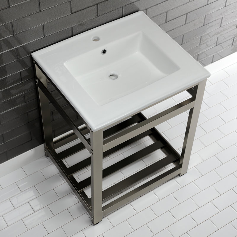 Kingston Brass Quadras 25-Inch Ceramic Console Sink with Stainless Steel Base and Shelf, White/Chrome, Single